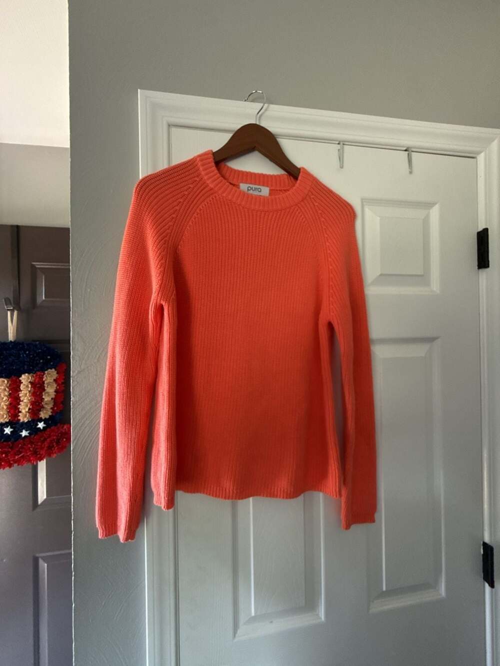 Pura Cashmere Orange Supima Cotton Ribbed Crewneck Pullover Sweater Size M